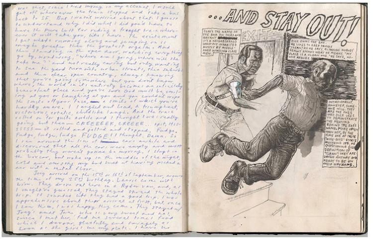 <p>Tim Lane, a New York-based illustrator and comic artist, also has a multiple-book practice. “I keep difference sketchbooks for difference reasons.” One is more like a journal, in which he documents life experiences and weird dreams. Another is a pocket-size Moleskine that he keeps with him at all times “to record things whenever I go out.”</p>
