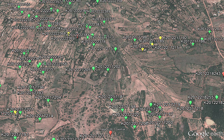 <p>Google Earth screenshot from Kenya, where each pin represents a recipient</p>